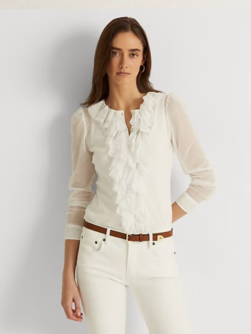 Lauren Ralph Lauren white ruffle-trim tulle cardigan.